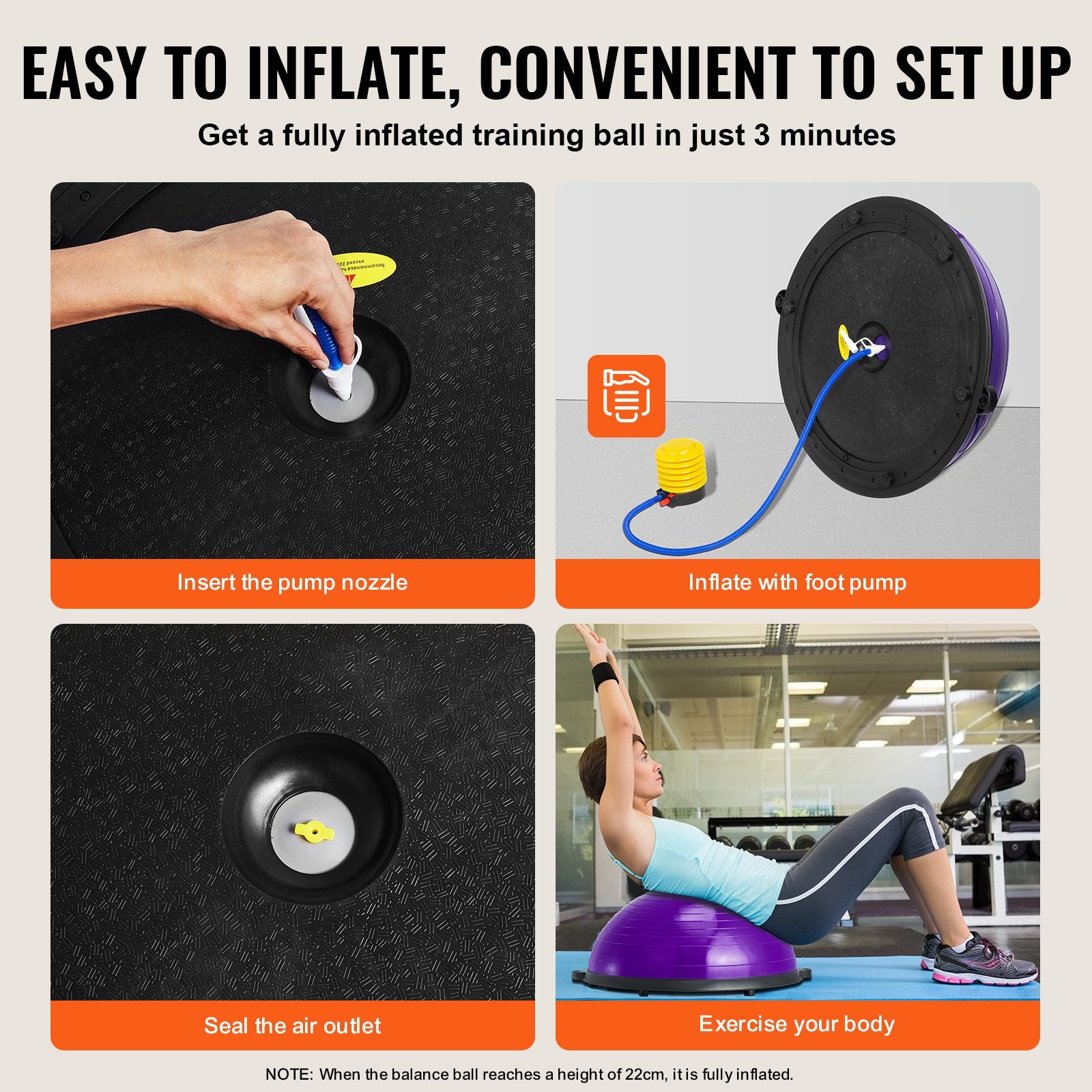Instructions for inflating and using a training ball with text on an orange background.