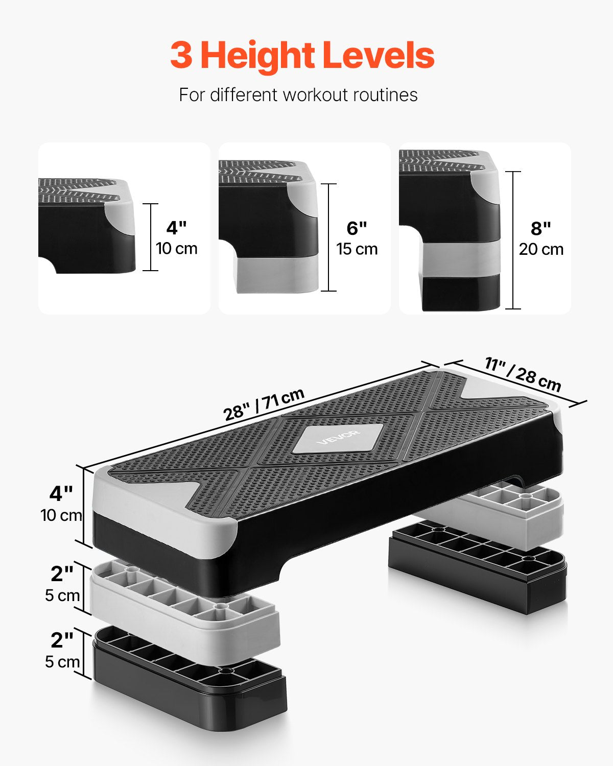 Aerobic Exercise Step Platform, 28-Inch Workout Aerobic Stepper, Height Adjustable Fitness Training Step Deck Trainer With 4 Risers, Non-Slip Surface Bench For Home Gym Cardio Strength, Gray